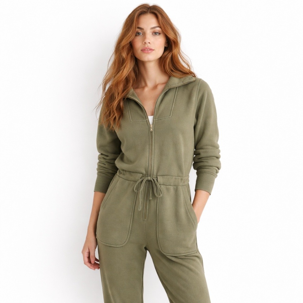 Alex Mill Cotton Terry Zip Front Jumpsuit Military Green Sz S - Picture 2 of 14